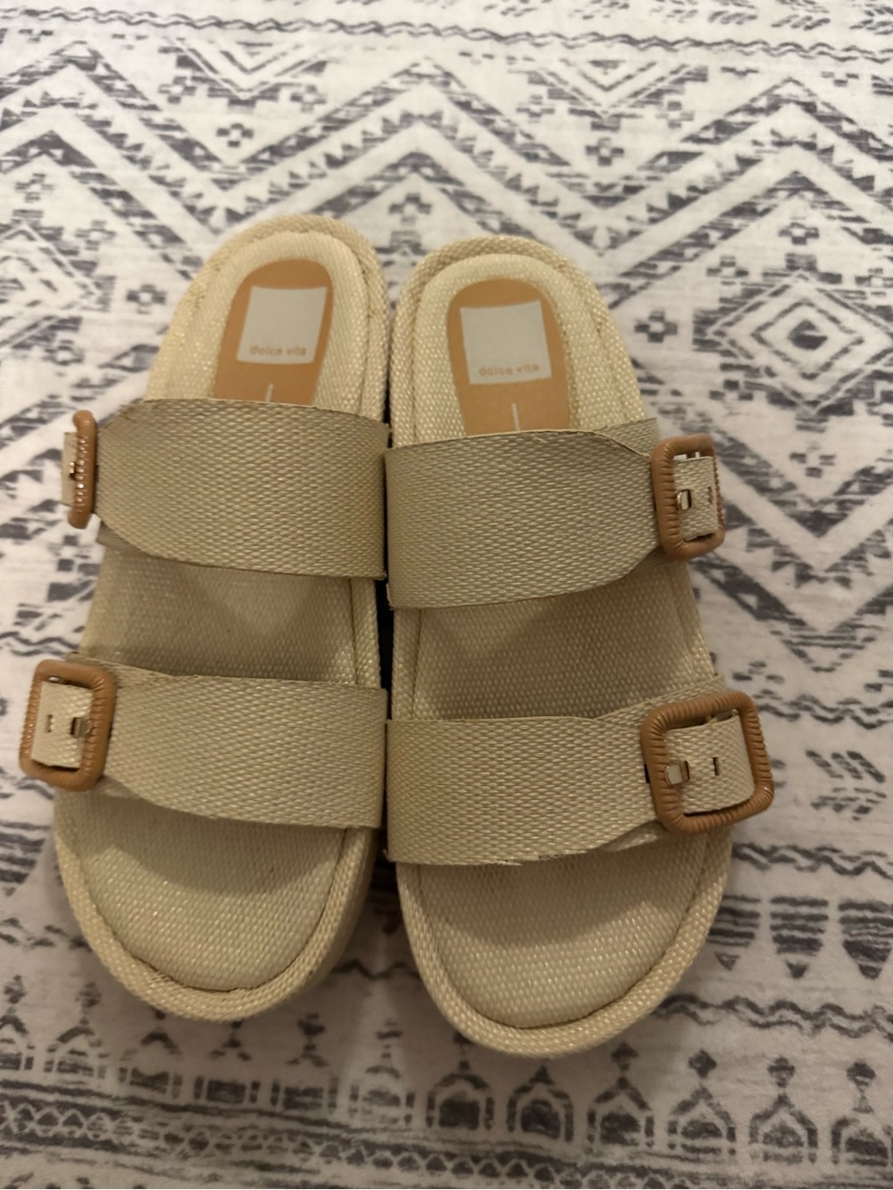 Dolce Vita Cream Double-Strap Slide Sandals with Tan Buckles